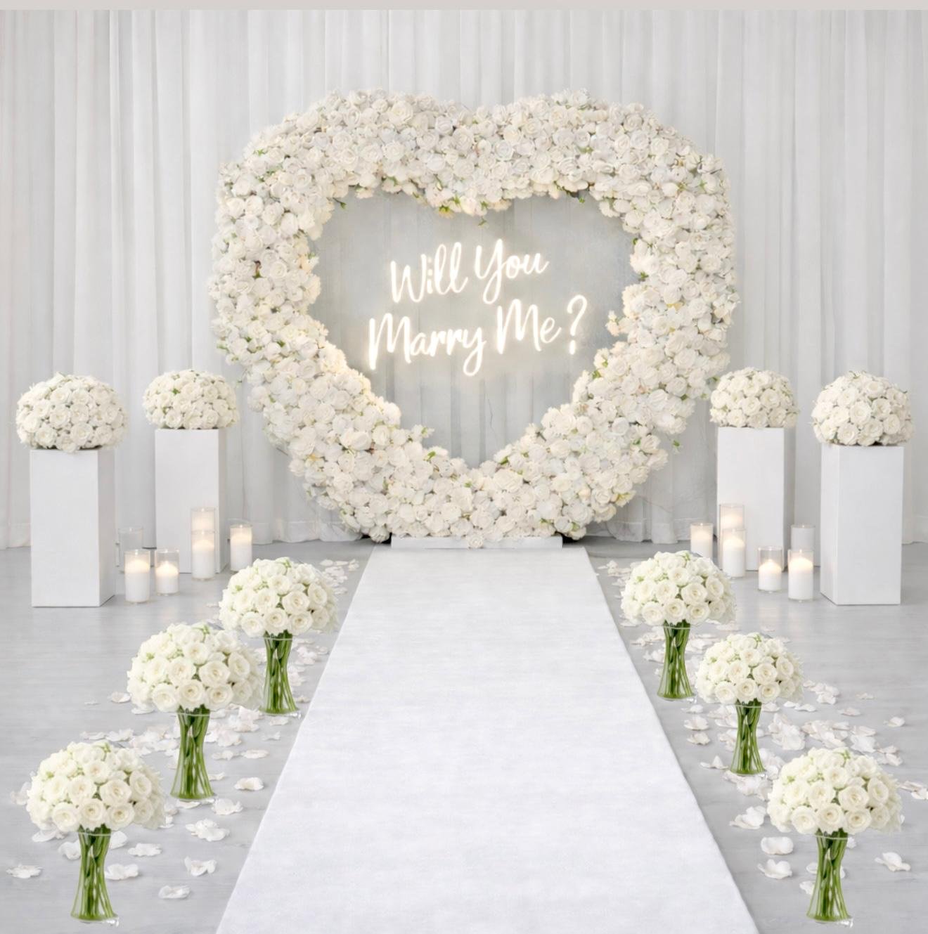 Elegant white floral heart setup by OMG Events Chicago