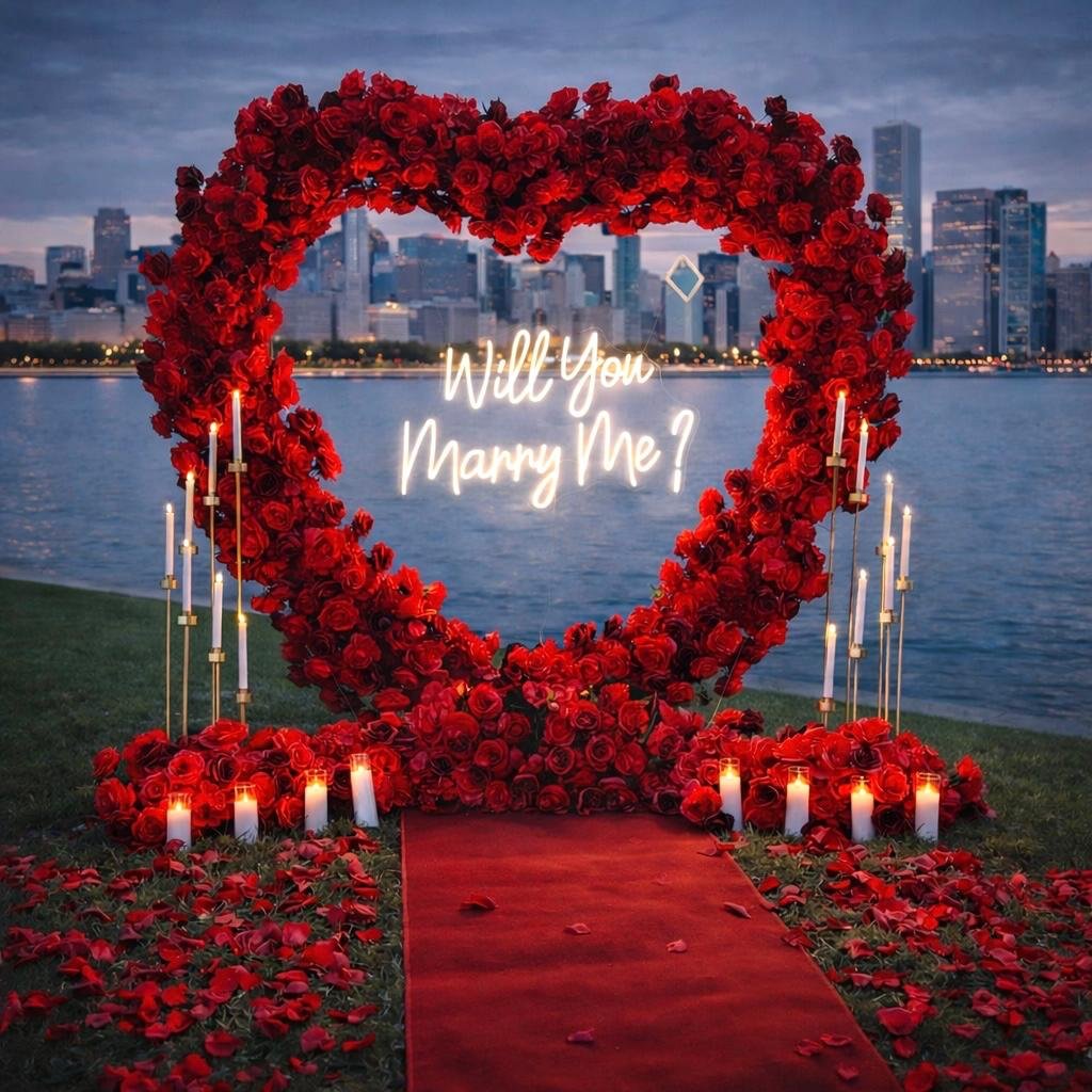 Luxury heart proposal setup with floral arch, candles and red carpet in Chicago